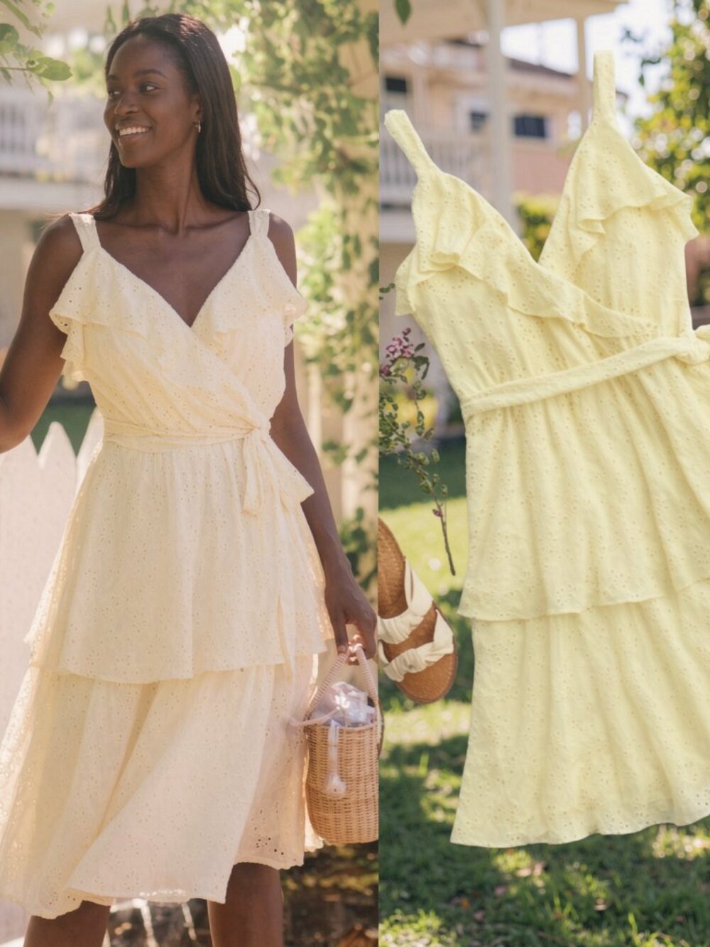 NWT Yellow chiffon embroidered ruffled cami dress